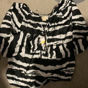 NWT MICHAEL Michael Kors Black & White Animal Print Long Sleeve Blouson Top